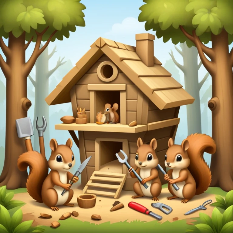 squirrel hut under construction with four workers emoji