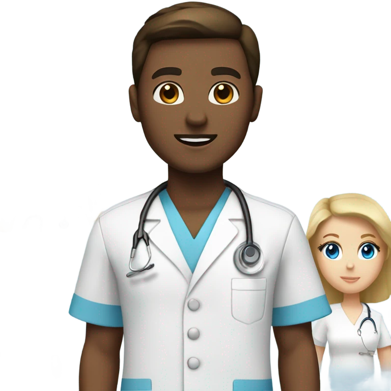 Nurse with blue eyes brown hair and white scrubs and doctor with blonde hair blue eyes and blue scrubs  emoji