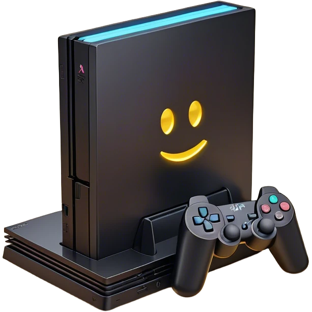 Clash of Clans aesthetic: Cinematic Playful PlayStation 2 Slim Portrait Emoji, rendered in a 3D vector-style similar to standard emojis with minimal shading and bold, simplified shapes. A compact, distinct form with signature details, softly glowing with a cutting-edge console technology charm. Simplified yet unmistakably iconic, highly detailed and consistent, glowing with a soft radiance and high shine. Stylized with a touch of technological advancement and a soft glowing outline, capturing the essence of a beloved gaming relic with a friendly, playful manner! emoji