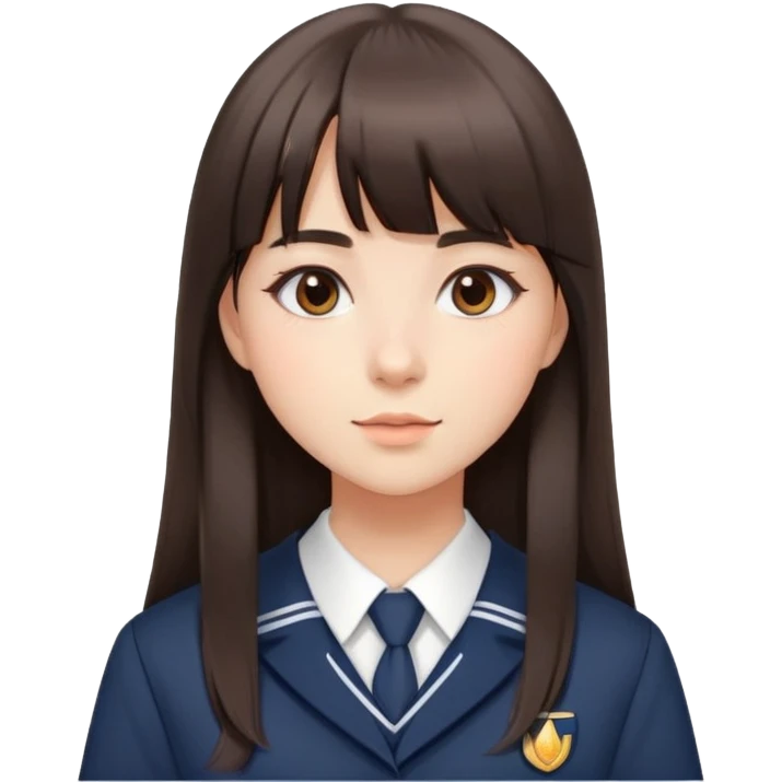 Attractive female student with long straight dark brown hair with bangs, beautiful school uniform, subtle makeup emoji