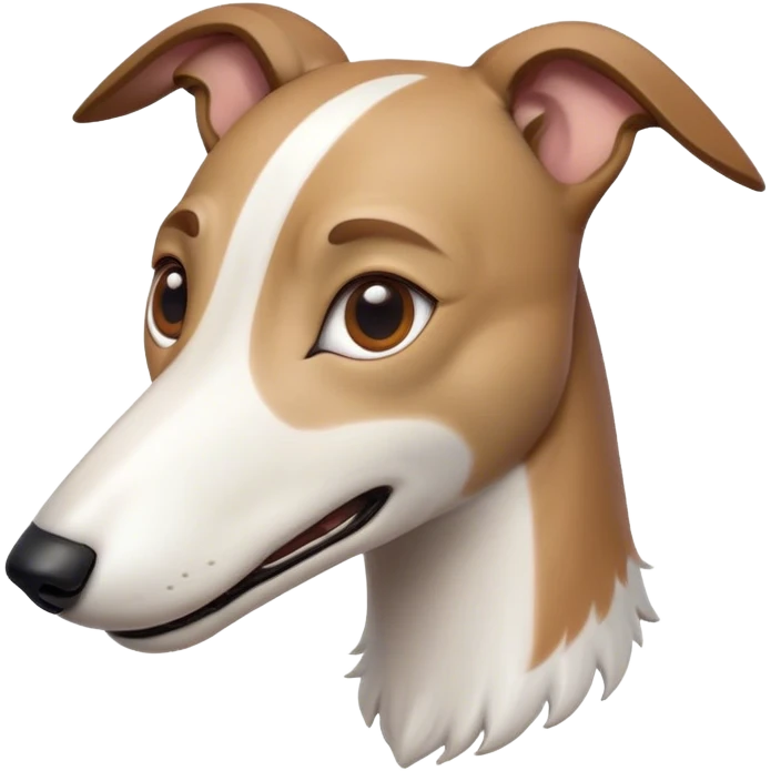 Cinematic Comical White and Brown Greyhound Portrait Emoji, Head tilted dramatically with an exaggeratedly amused expression, featuring a striking white Fur with dynamic brown accents, wide, expressive eyes filled with playful disbelief, Simplified yet hilariously expressive features, highly detailed, glowing with a slightly sassy glow, high shine, dramatic yet playful, stylized with an air of cheeky mischief, bright and endearing, soft glowing outline, capturing the essence of a spirited and over-the-top racer, so meme-worthy it feels like it could side-eye its way into internet fame instantly! emoji
