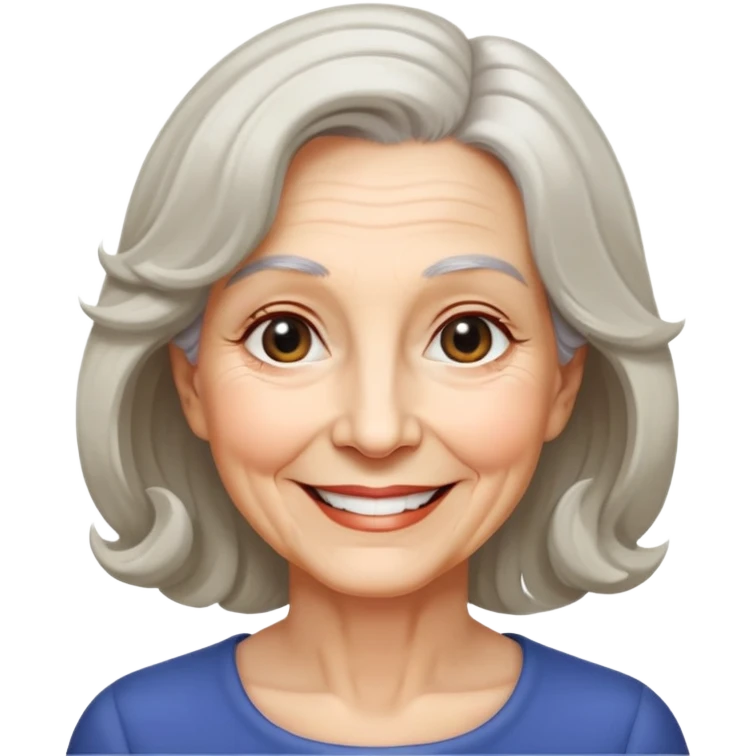 "- Nữ
- 70 tuổi
- Da trắng
- Tóc ngang vai, xoăn nhẹ
- Mặt cười, mắt đen emoji
