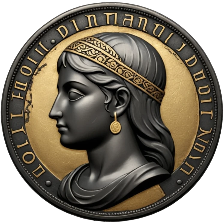 Emoji style, ancient coin made of blackened metal, “FORTUNA” engraved in refined fashion typography, heavy form, subtle worn metal texture, avant-garde editorial aesthetic, no glow, no neon, flat emoji design, centered, transparent background emoji