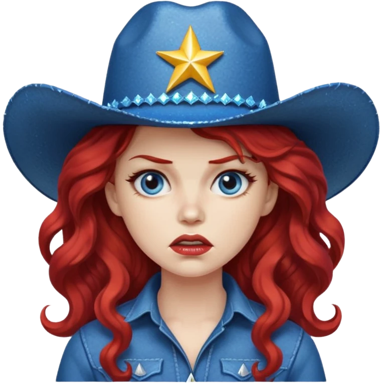 Angry woman with big red wavy hair wearing sparkly blue cowboy hat  emoji