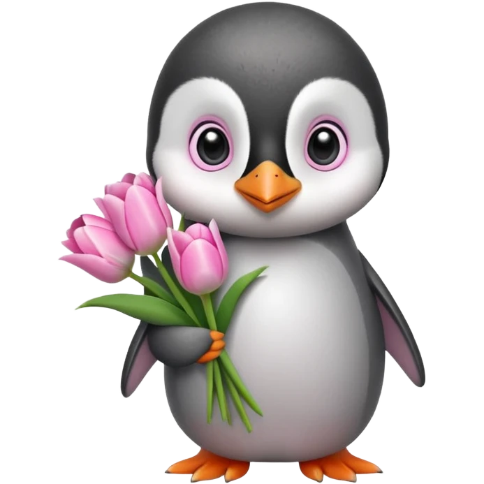 Cute baby penguin holding flower bouquet wraped in white paper and all flowers tulips in pink colour emoji