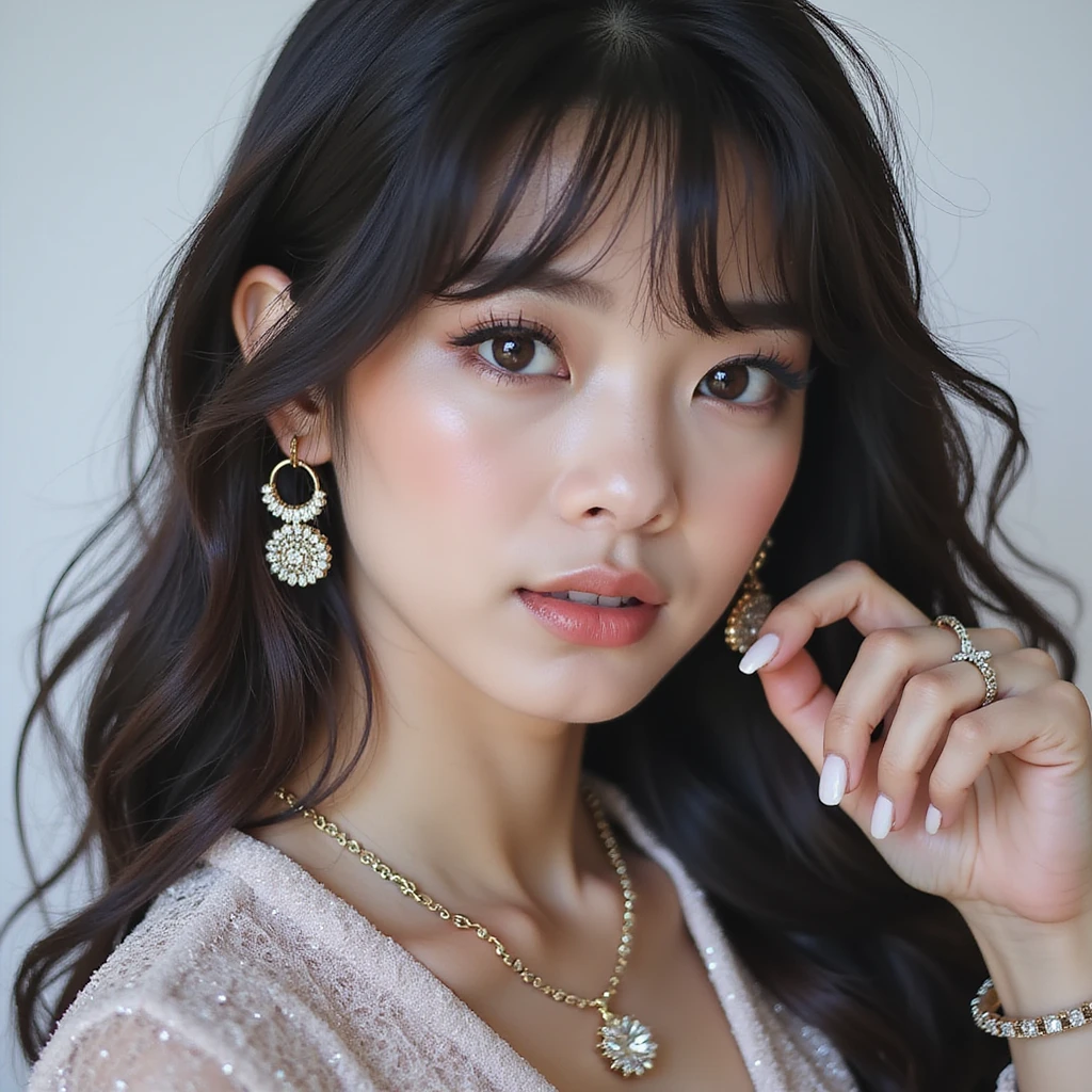 realistic portrait of a K-pop idol inspired by Blackpink, photorealistic style, sparkling accessories, chic fashion, charismatic look emoji