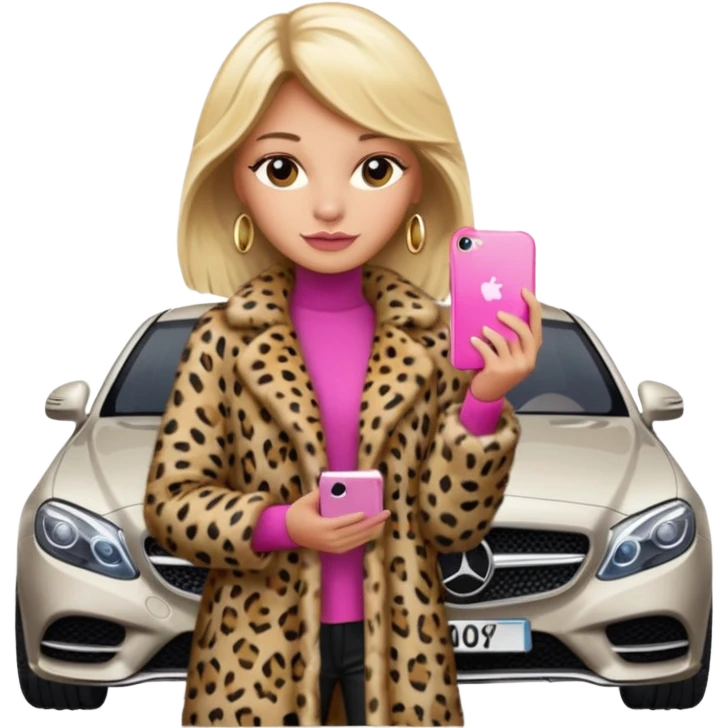 a blondie queen Arina in a leopard fur and pink iPhone on her mercedes emoji