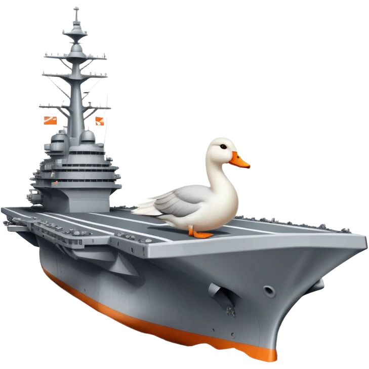 A gray military aircraft carrier with a white goose head and orange beak at the front of the ship emoji