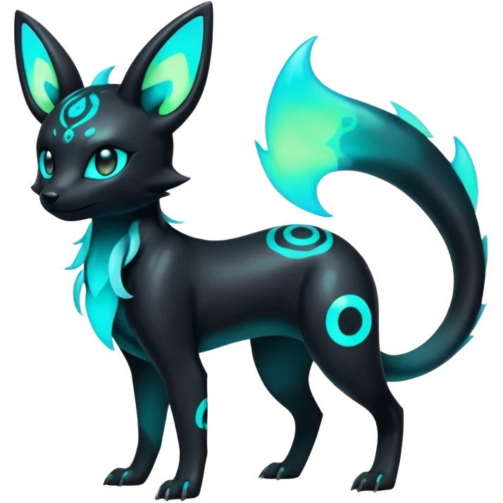 Shiny Ethereal Eldritch Cool Edgy Badass Punky Aural Iridescent Fluorescent Bioluminescent Umbreon-Amaura-Salandit-Litten-Fakémon-fusion (full body) emoji