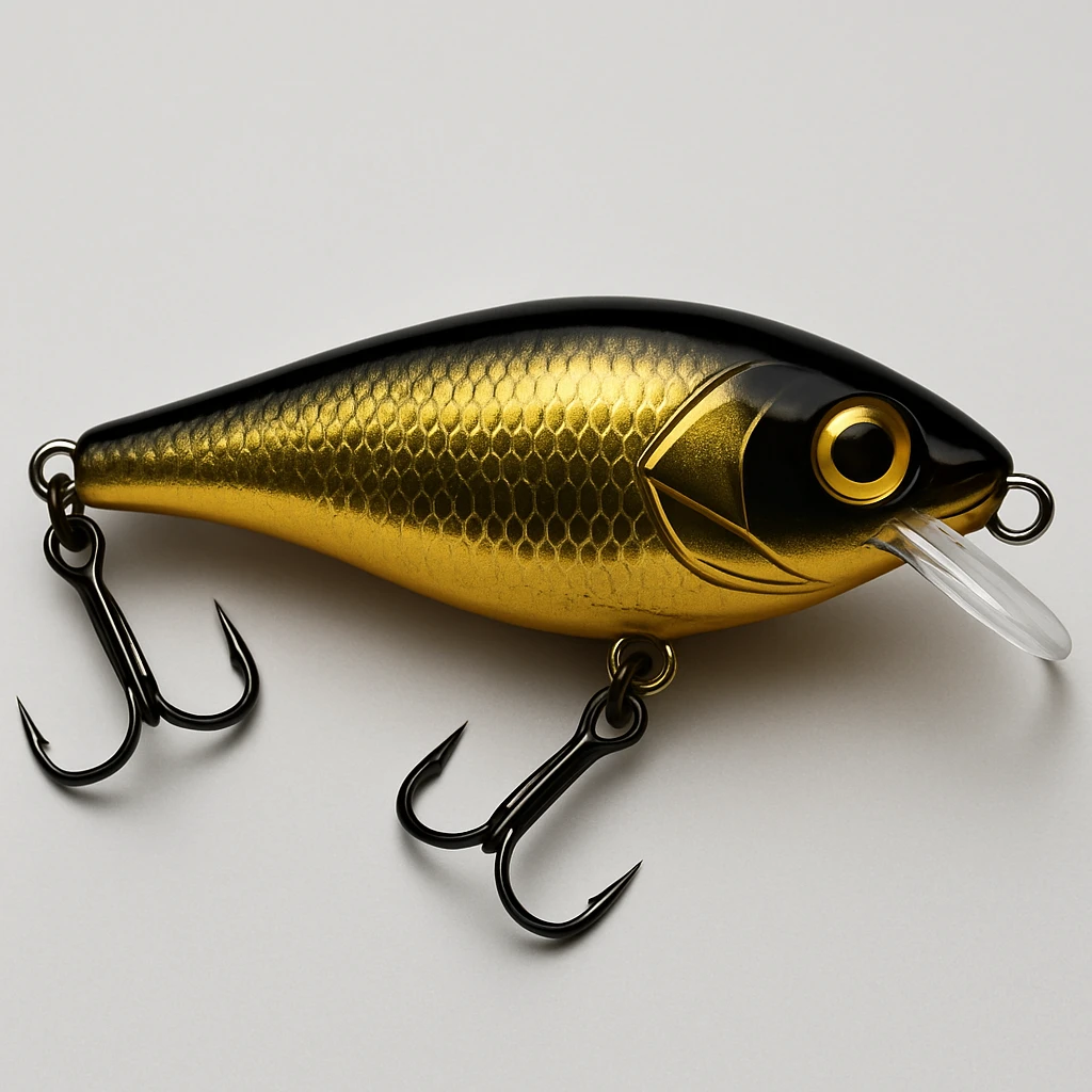 Edit the image of a Rapala fishing lure in side view to have a gold and black colorway, with shiny gold and deep black tones. emoji