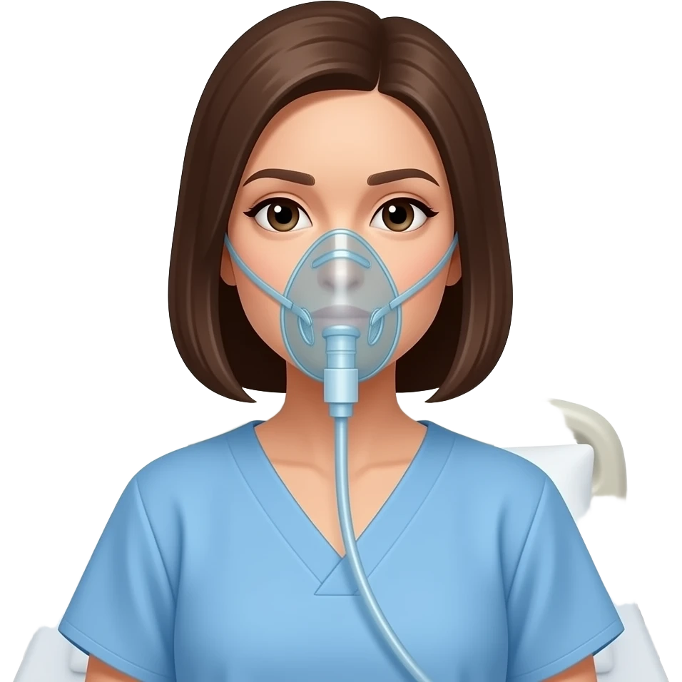 paciente mujer con en habitación de hospital con oxigenoy bata azul estilo apple emoji emoji