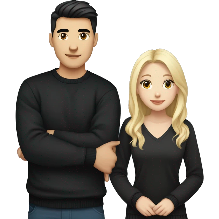Blonde girl with blue eyes in black sweater and an east asian with light skin man with black hair and black eyes hugging emoji