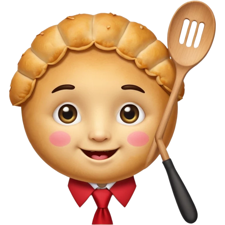 emoji style, happy fried empanada with face, big sparkling eyes, blushing cheeks, two buck teeth, red necktie, holding spatula, thick black outline, golden brown color, very cute and wholesome, transparent backgroun emoji