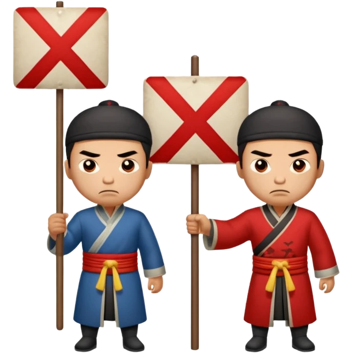 qing empire man who is of han ethnicity who looks angry that is holding a sign that has a red x on it to another man who is not han ethnicity who looks sad emoji