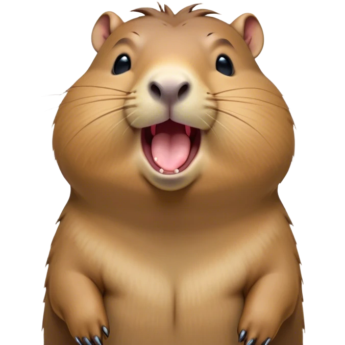 Cinematic Cute Yawning Capybara Portrait Emoji, Head tilted slightly with a dramatic, wide-open yawn, showcasing a plush, rotund body with a gently relaxed capybara face, including a short snout and subtly drooping ears, with drowsy, half-closed eyes rendered in exquisite detail; high shine, relaxed yet expressive, styled with a dash of playful natural charm, soft glowing outline, capturing the essence of a sleepy yet affectionate capybara that appears ready to stretch out for a peaceful nap! emoji
