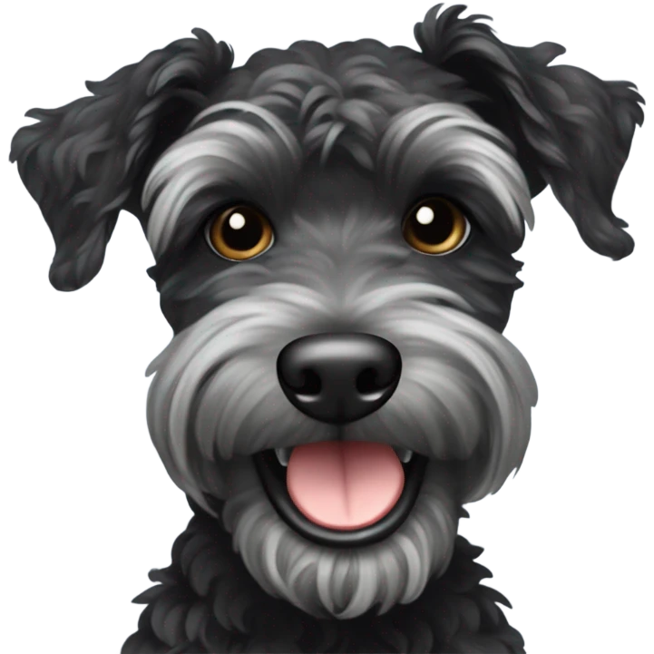 Cool black schnoodle with grey brindle and an underbite winking while smiling emoji