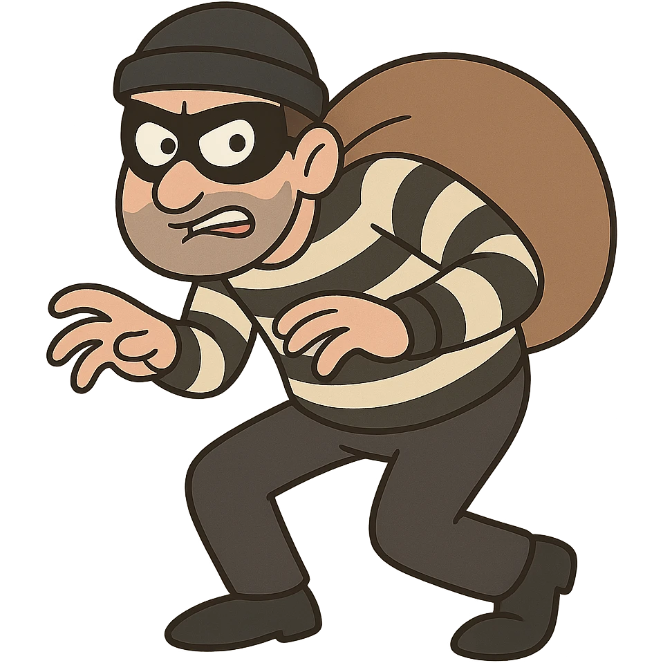 cartoon robber wearing a mask and striped shirt, sneaky pose emoji