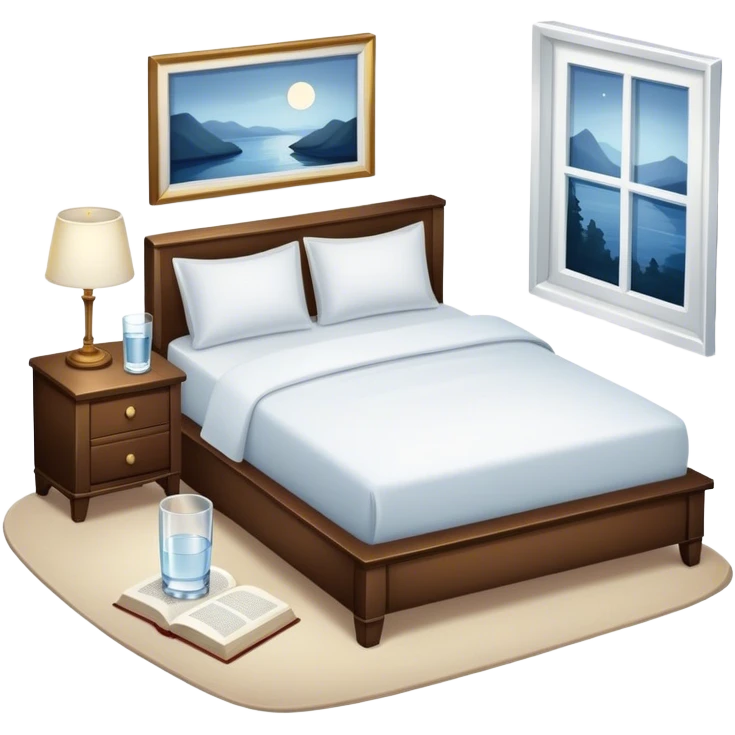 A dimly lit white bedroom. The bed is neatly made, and a glass of water sits beside a book on a cozy nightstand. Soft lighting signals a peaceful wind-down, representing the calm and control that comes from reclaiming your evenings. emoji