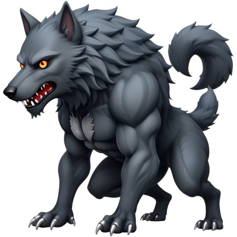 cinematic-noble-fierce-werewolf-full body on all fours-emoji, poised-and-imposing, with a tall, lean, and muscular wolfish frame inspired by the brutal, imposing shape of the beast from Berserk, fur rippling in shades of midnight black and silver, massive paws with razor-sharp claws, elongated limbs and fangs, eyes glowing with an intense, primal ferocity, reflecting the untamed power of the wild moonlit night; rendered with realism like a wolf hunched over battle ready pose ready to attack emoji