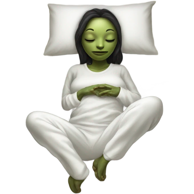 Reptilian alien woman, in white in pajamas, sleeping to bed emoji
