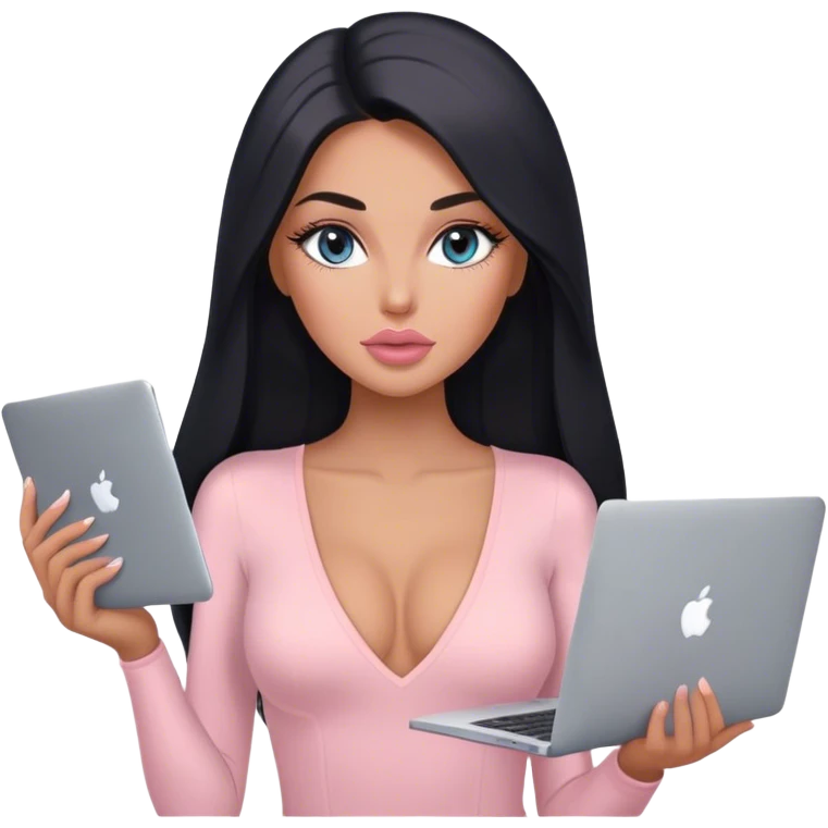 Glamours, tanned, very beautiful girl, with big pump peach-beige-rose lips, long lashes, black straight smooth silky long hair, straight parting hair, blue-grey eyes, in light-pink v-neck bodysuit holding MacBook emoji