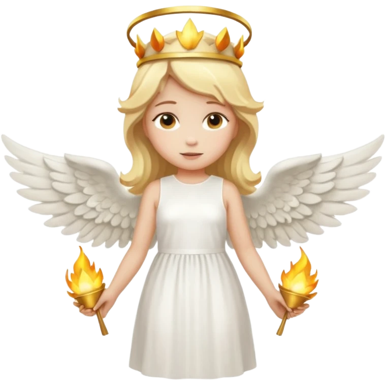 Full-body emoji-style angel: blonde hair, golden flame crown, halo, large wings, white dress, full body visible from head to feet, cute smooth emoji look. emoji
