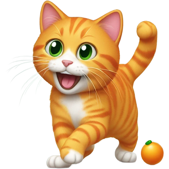 Orange cat playing with a green mouse emoji