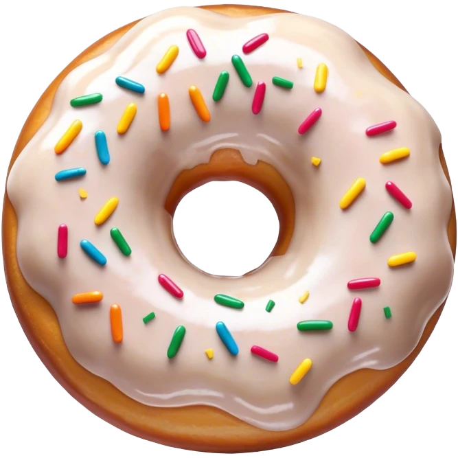 Cinematic Realistic Donut Dessert Emoji, depicted as a fluffy glazed donut with colorful sprinkles rendered with detailed textures and playful, warm lighting. emoji