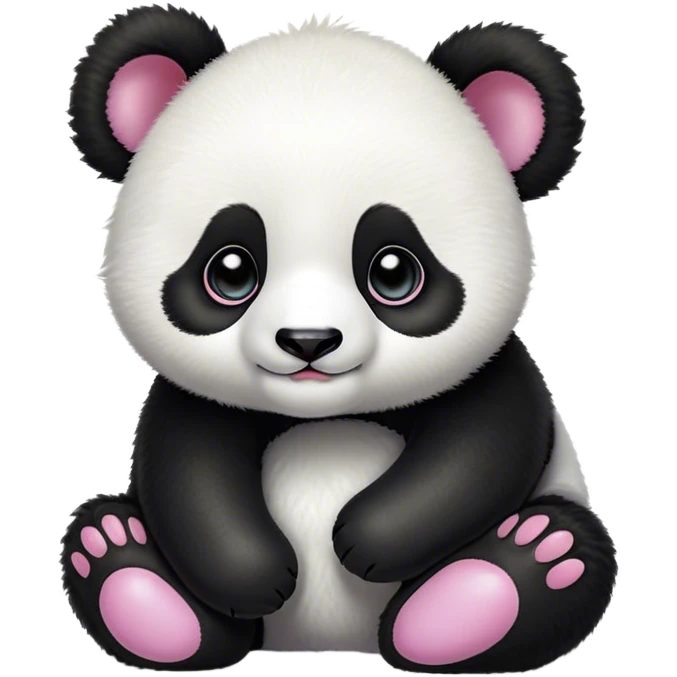 Cinematic Cute Baby Panda Portrait Emoji, Head tilted playfully and inquisitively, featuring an irresistibly fluffy, black and white Fur with an extra dose of cuddliness, round, sparkling eyes filled with boundless curiosity, Simplified yet adorably endearing features, highly detailed, glowing with a warm, friendly glow, high shine, affectionate and playful, stylized with a touch of playful charm, bright and heartwarming, soft glowing outline, capturing the essence of a mischievous yet loving baby panda, so playful it feels like it could tumble out of the screen into your arms! emoji