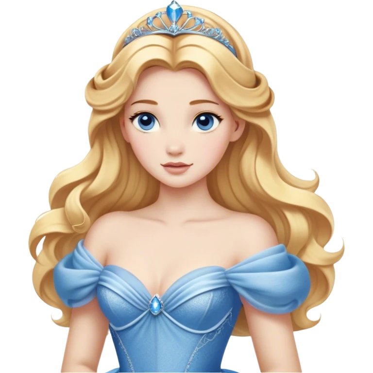 Cinematic Realistic Cute Cinderella Portrait, featuring fair, luminous skin with finely detailed texture and softly lit golden-blonde hair cascading in gentle waves. Her warm, inviting blue eyes sparkle with youthful charm and curiosity, while her classic, elegantly draped ball gown reveals meticulously rendered fabric details and natural folds. The overall composition is bathed in a gentle, realistic radiance that exudes both playfulness and heartfelt beauty. emoji