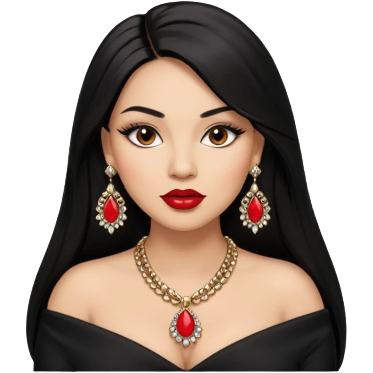 Light skin brown eyes glamorous full figured women black long straight hair red lips necklace and earrings long lashes emoji