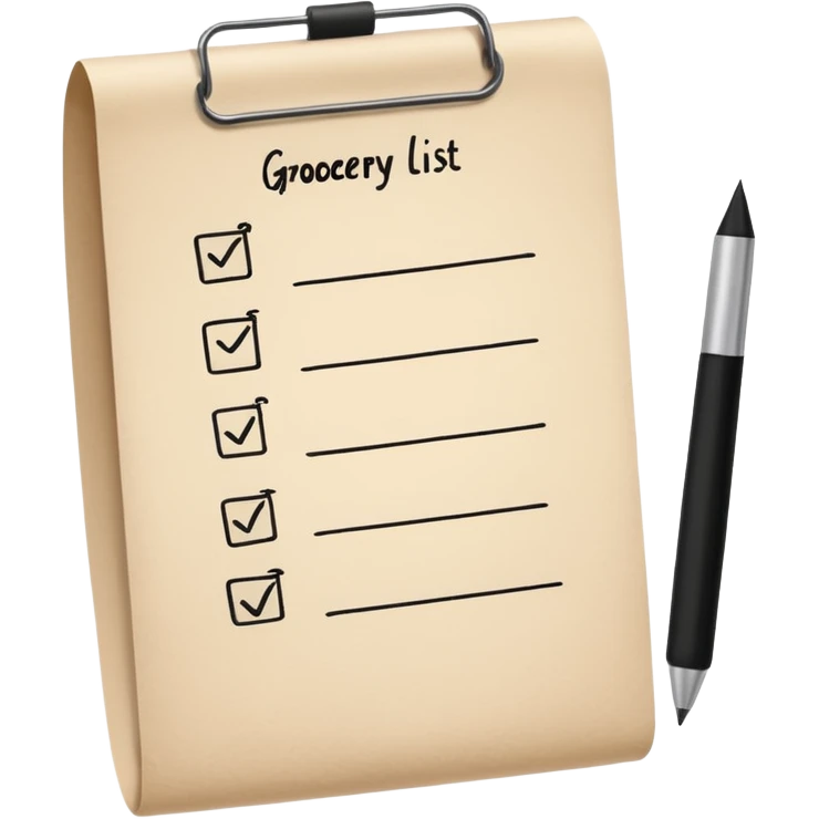 grocery list with beige tones, and black writing emoji