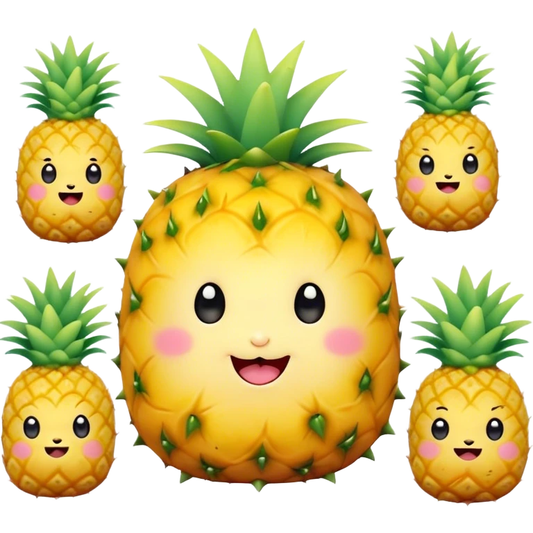 Cute Kawaii Pineapple, tiny and round, bright golden yellow with a spiky green top, chubby cheeks, playful winking expression, soft pastel textures, sweet and tropical vibes! emoji