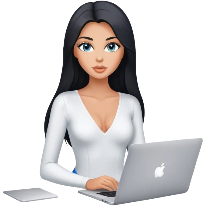 Glamours tanned very beautiful girl with pump peach nude lips and black straight smooth long hair, blue-grey eyes in white v-neck bodysuit with MacBook emoji