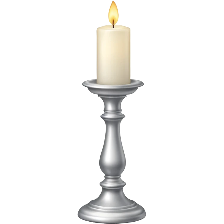 A silver candlestick holding a thick pillar candle glowing warmly. emoji