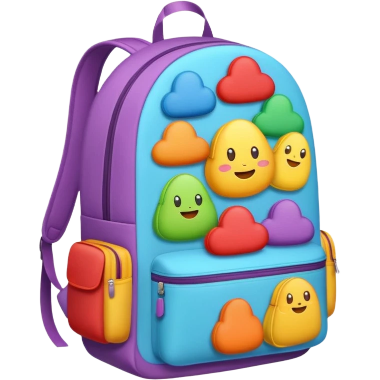 Emoji-style backpack overflowing with clothes, rounded cute shapes, soft shadows, colorful emoji