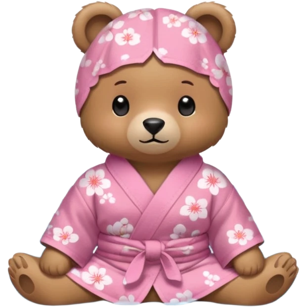 A cute light-brown bear wearing a pastel pink sakura-patterned yukata loosely, normal balanced body ratio.  
Relaxing in a warm hot spring with steam around, a small towel on the head, peaceful happy expression.  simple scenic background with rocks. emoji