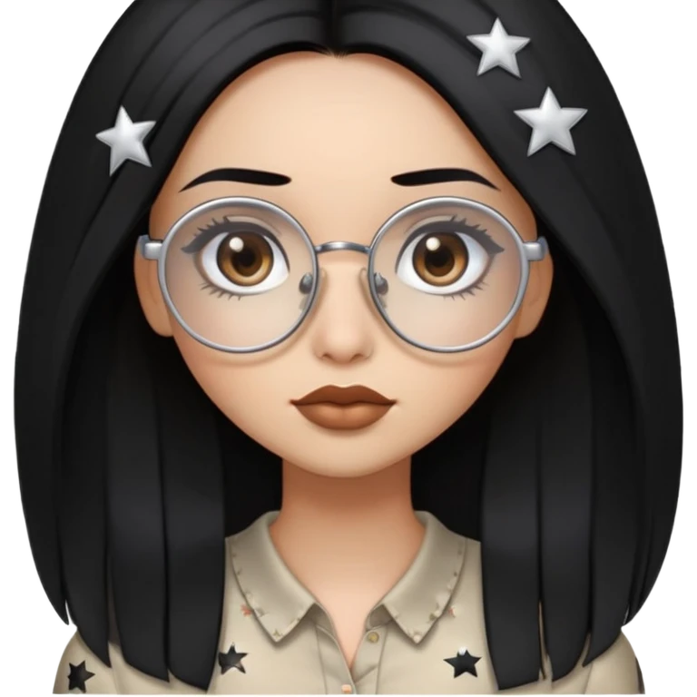 A girl with long, straight black hair, wearing round silver glasses, her lips are a bit big, her eyes are brown, and she is wearing a blouse with white stars on it emoji