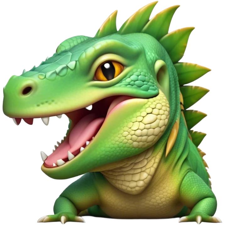 Cinematic Realistic Cute Yawning Iguana Portrait Emoji, Head tilted slightly with a dramatic, wide-open yawn, showcasing a soft, textured green-scaled face with gently drooping features and half-closed, drowsy amber eyes, rendered with natural detail and subtle shadows, high shine, relaxed yet expressive, styled with a dash of tropical charm, soft glowing outline, capturing the essence of a sleepy yet affectionate iguana that appears ready to stretch out and enjoy a peaceful nap! emoji