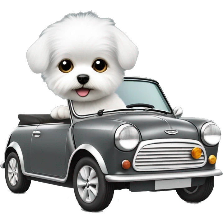 little white fluffy dog ​​driving a gray retro mini cooper 1600 cs emoji