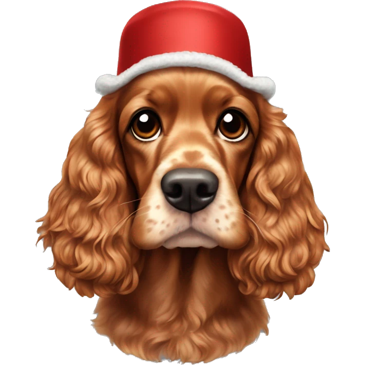 A full-length adult red cocker spaniel in a New Year's cap emoji