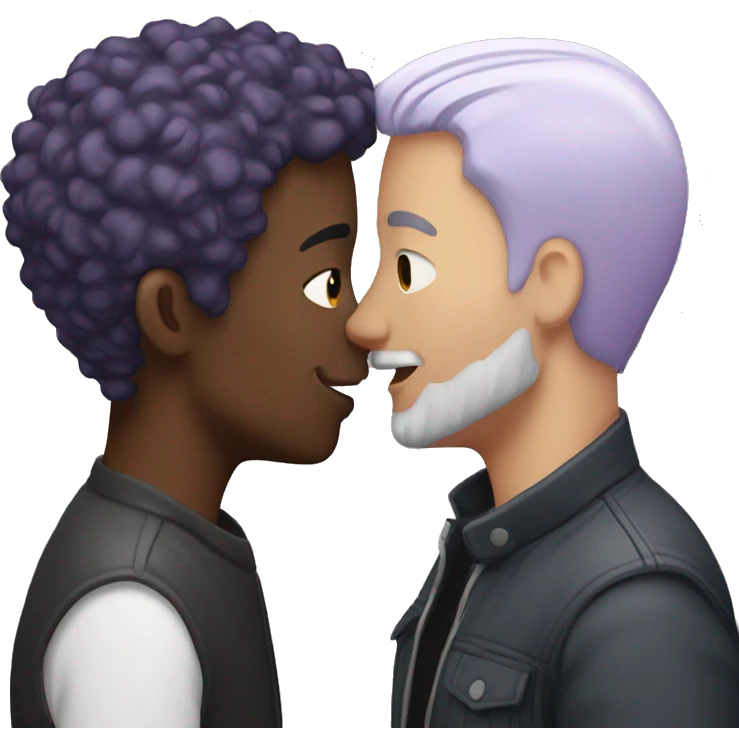Two men kissing, one of the white with lavender hair and the other person is black with black hair  emoji