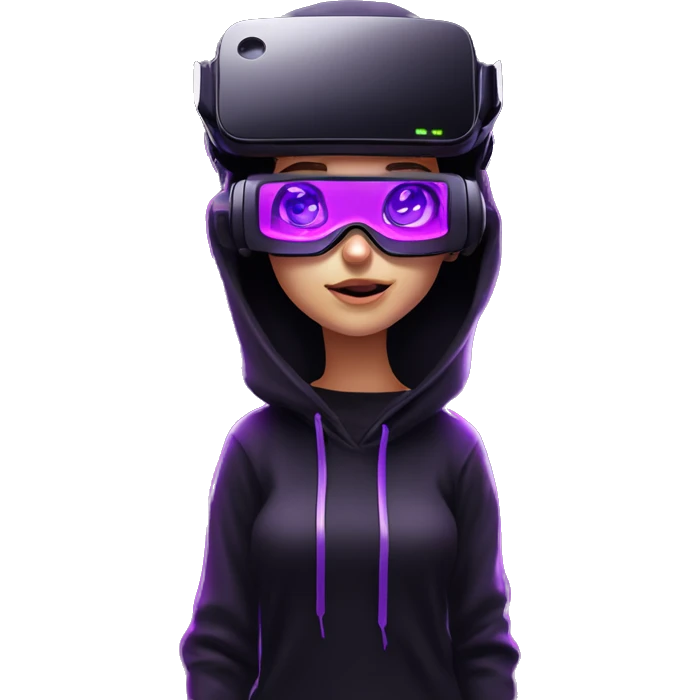 Russian girl wearing black hoody with violet letters "OMG", in vr headset. Cyberpunk style. Violet neon. emoji