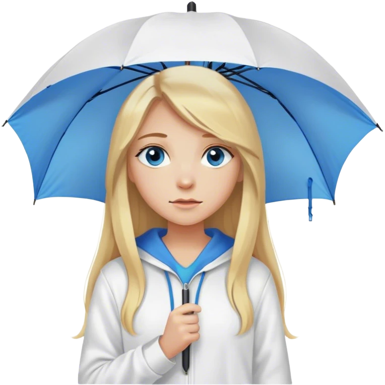 Cinematic realistic emojis in the form of a blonde girl with long hair, blue eyes, wearing a white hoodie, holding an umbrella over her emoji