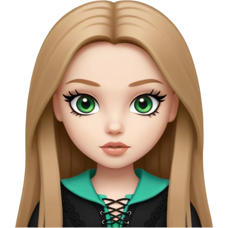 pretty bratz girl, long straight light brown hair, jade green eyes, black eyeliner, pale skin, dark black feminine clothes with laces emoji