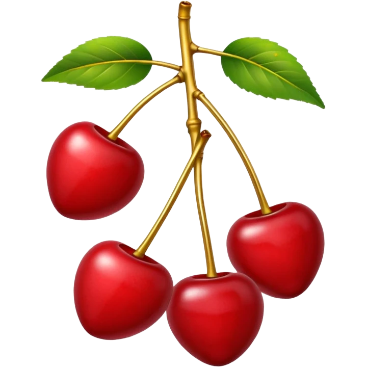 Two cherries with golden stems connected, paired with dark green leaves emoji