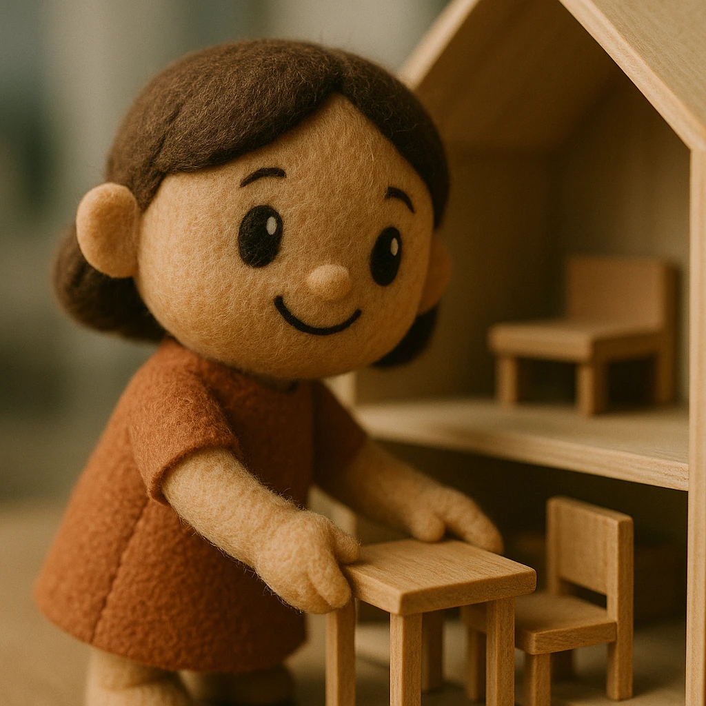 smiling girl arranging furniture in doll house emoji