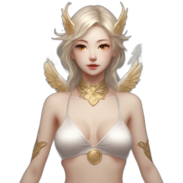 Woman, Bare belly, Wings, Choker, Colorless garden, Bathed in shadows, FOV 90 degrees, short lighting, L USM, Cold Colors, gilded technique, taiji, extremely hyper aesthetic, absurdres emoji