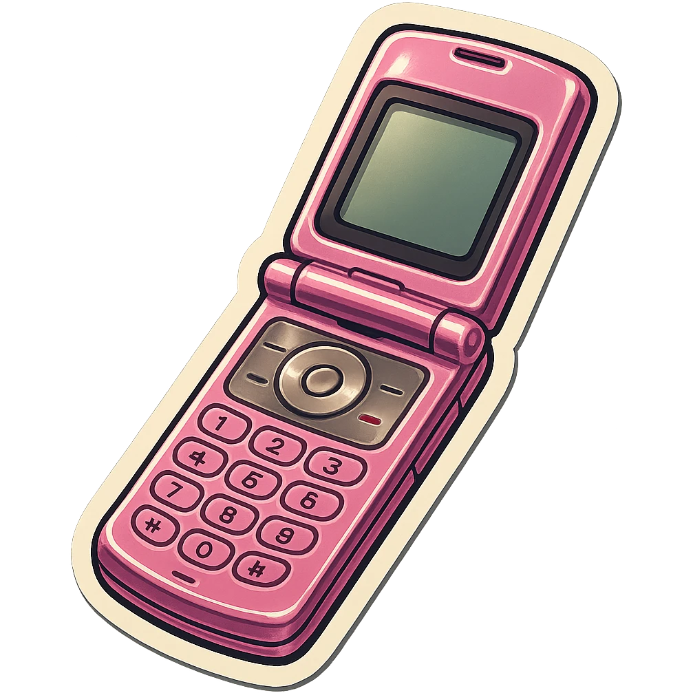 vintage pink razor flip phone, angled view, metallic pink, 2000s aesthetic, reflective highlights emoji