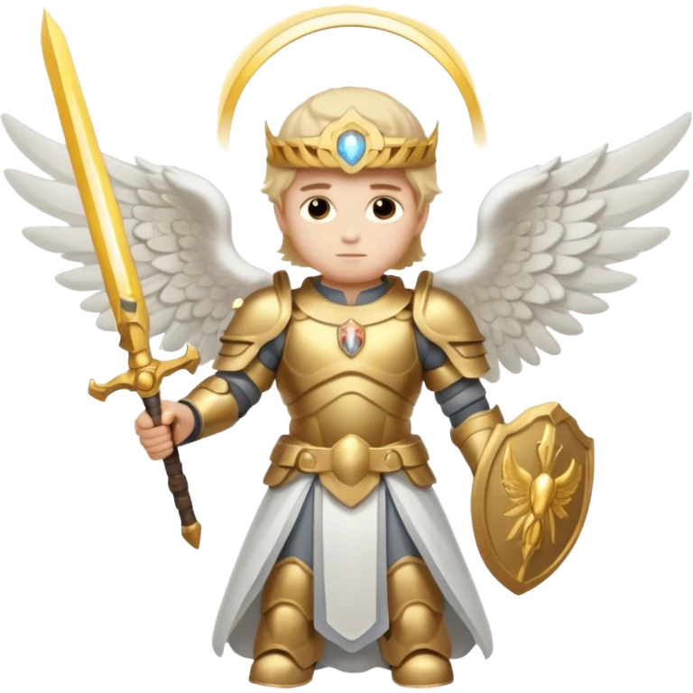 Michael the archangel is usually shown in emoji form as a brave, armored figure with a bright halo, wings, and a weapon.  emoji